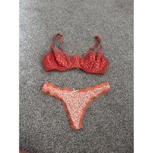 Victoria's Secret Coral Orange Lace Unlined Bra 36B & Floral bottom medium set